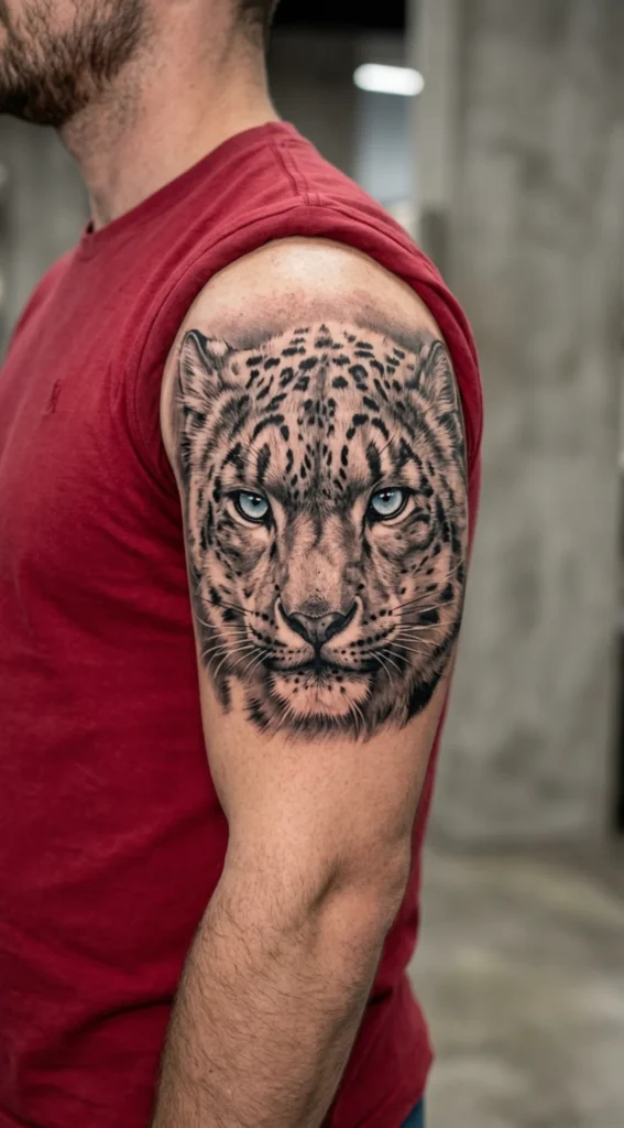 Snow Leopard Portrait with Icy Blue Eyes