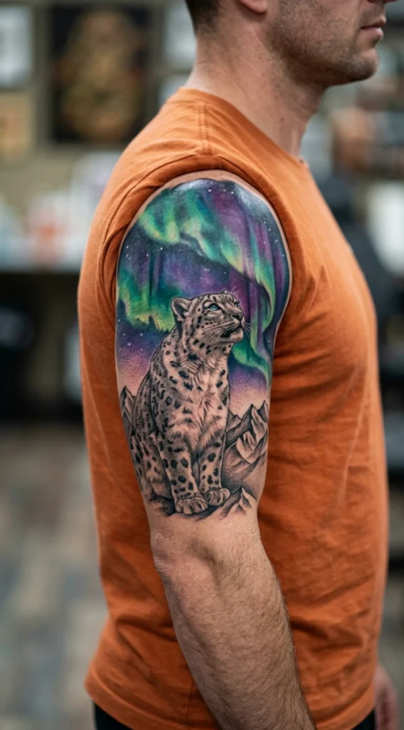 Snow Leopard Under the Northern Lights