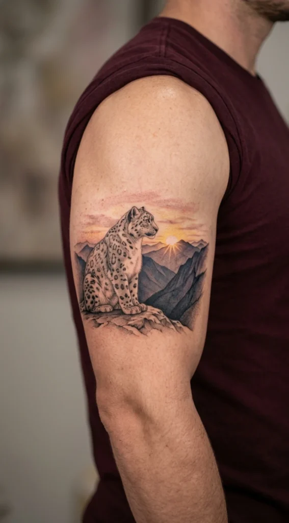 Snow Leopard Watching a Mountain Sunrise