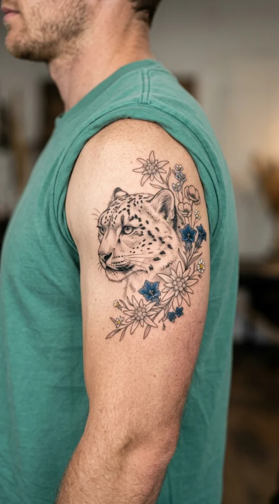 Snow Leopard and Alpine Flowers