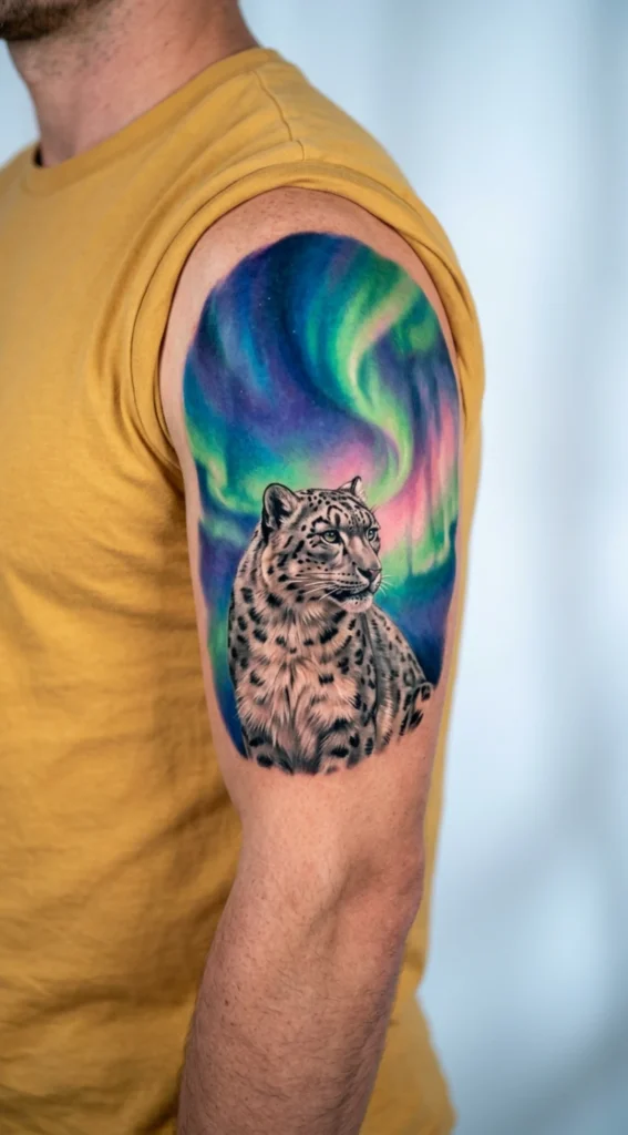 Snow Leopard and Aurora Sky
