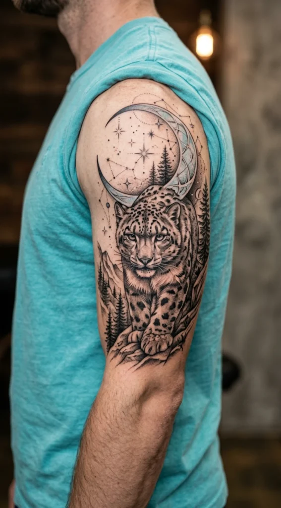 Snow Leopard and Crescent Moon