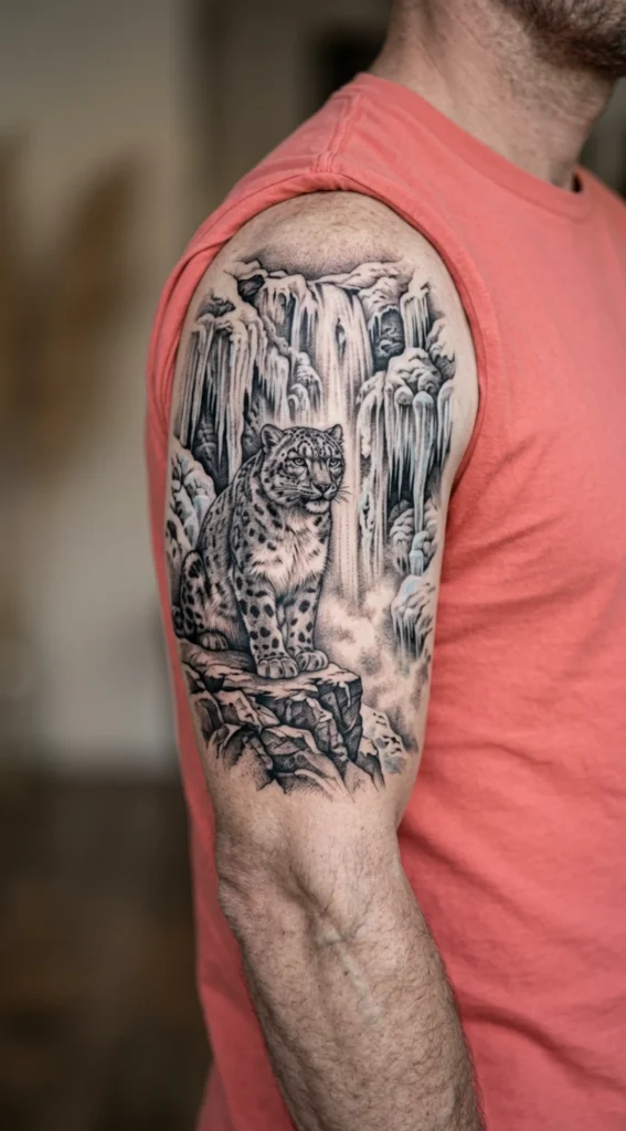 Snow Leopard and Frozen Waterfall