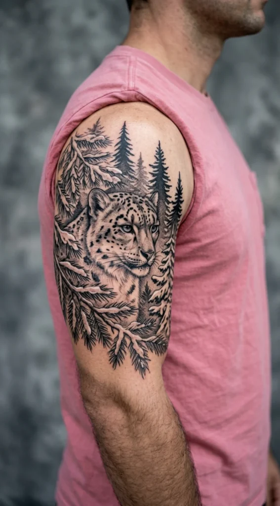Snow Leopard and Pine Trees Tattoo