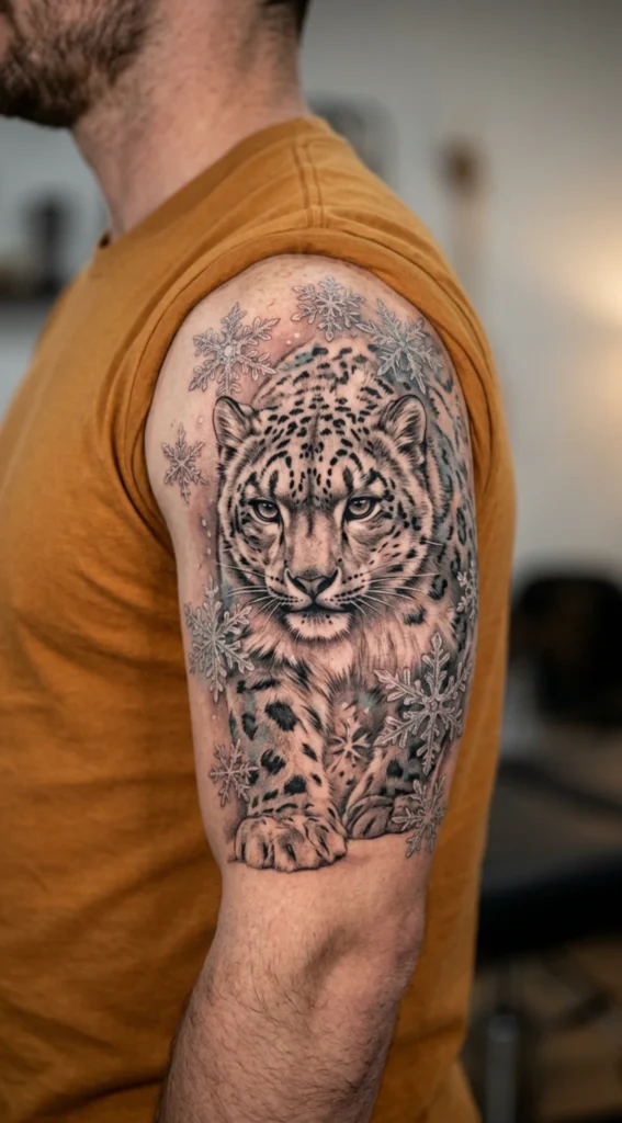 Snow Leopard and Snowflakes Design
