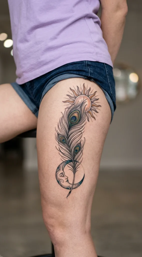 Sun and Moon Peacock Feather Tattoo Design
