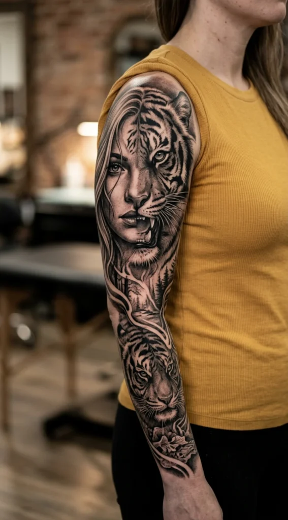 Surreal Black and Grey Half Tiger Woman Sleeve Concept