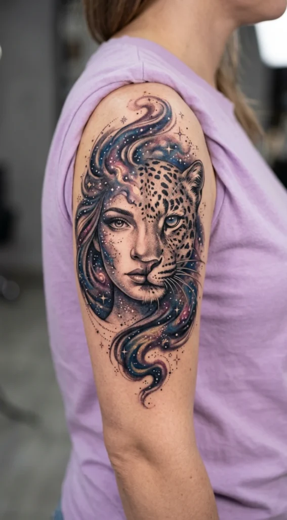 Surreal Leopard Woman Galaxy Design