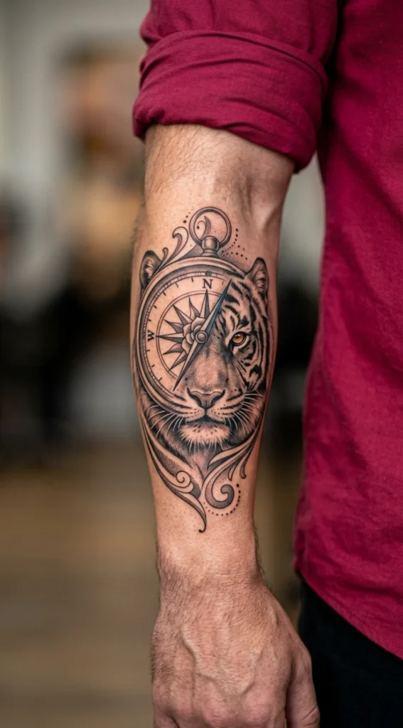 Tiger Compass Forearm Symbol Tattoo