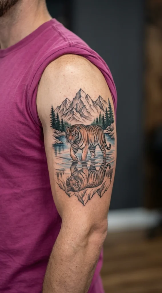 Tiger Crossing a River with Mountain Scenery