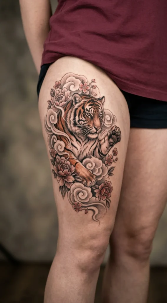 Tiger Emerging from Clouds and Flowers