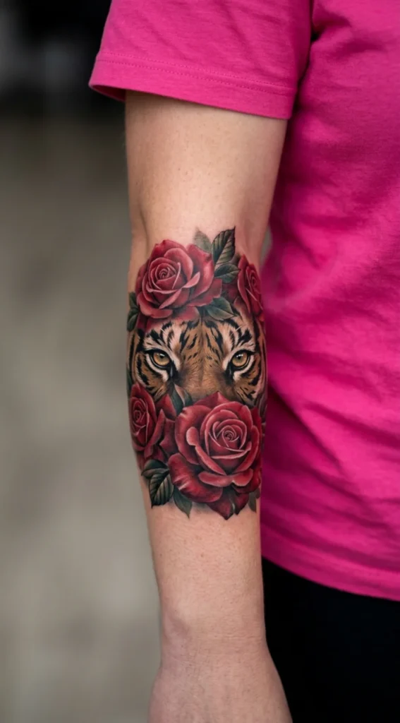 Tiger Eyes Emerging from Roses
