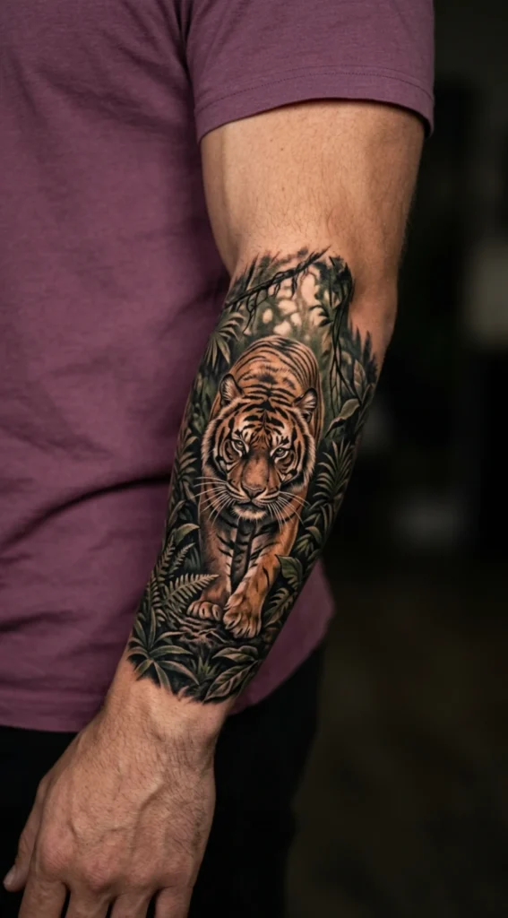 Tiger Forearm Jungle Stalking Scene Tattoo