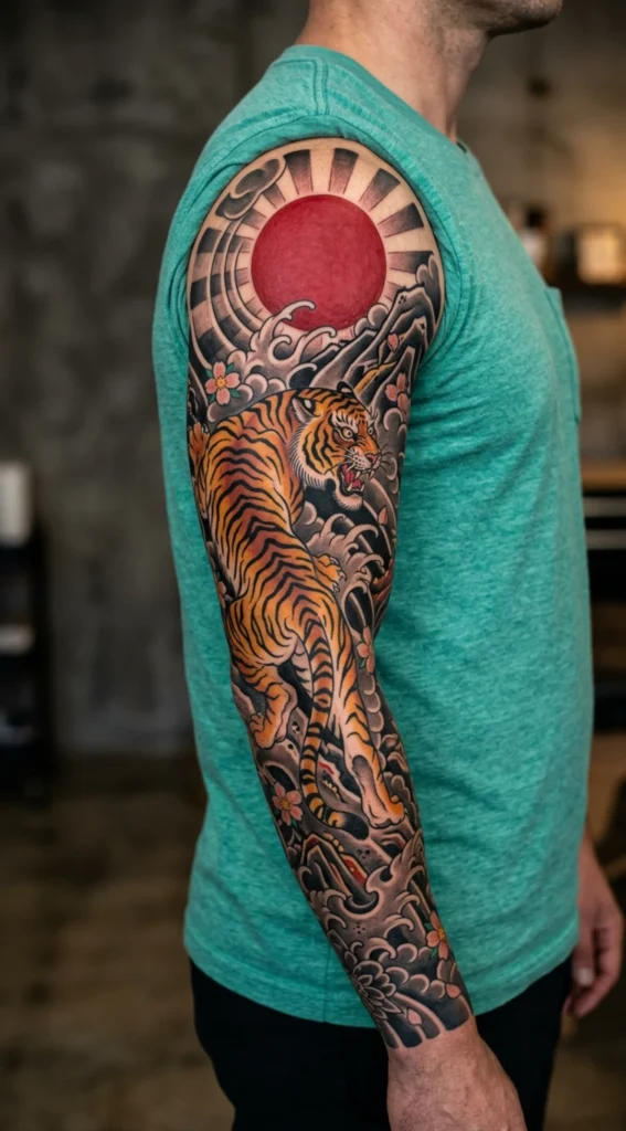 Tiger Guardian Full Sleeve with Red Sun