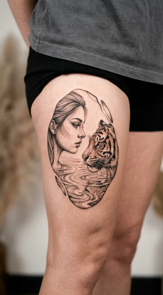 Tiger Spirit Emerging from Woman's Reflection Portrait