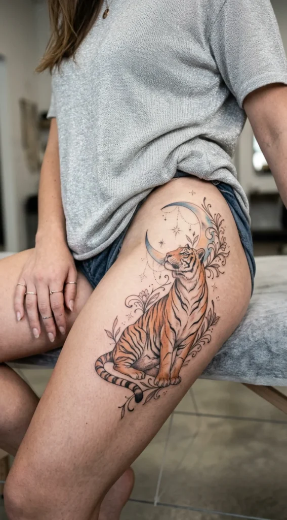 Tiger and Crescent Moon Thigh Tattoo