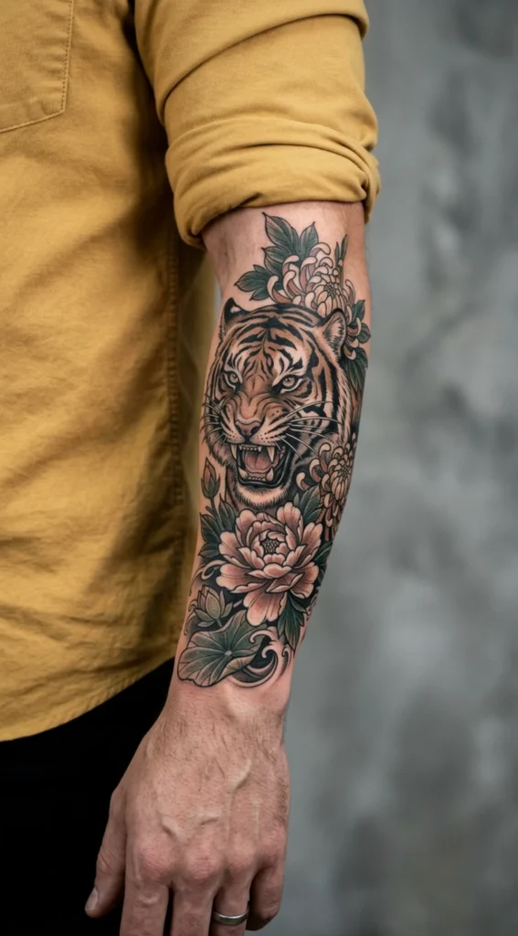 Tiger and Floral Forearm Blend Tattoo