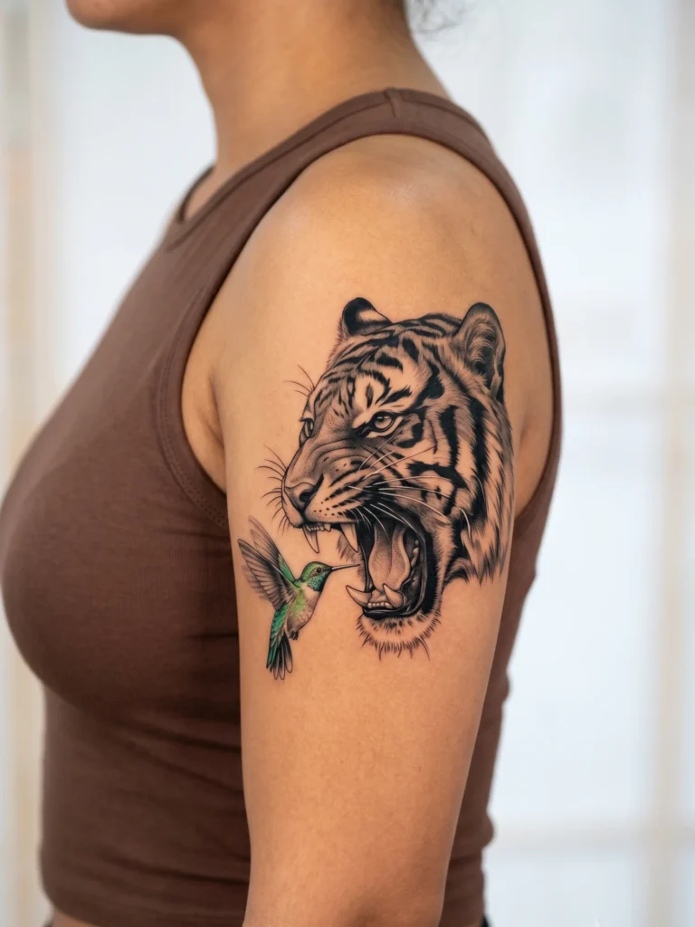 Tiger and Hummingbird Contrast Tattoo