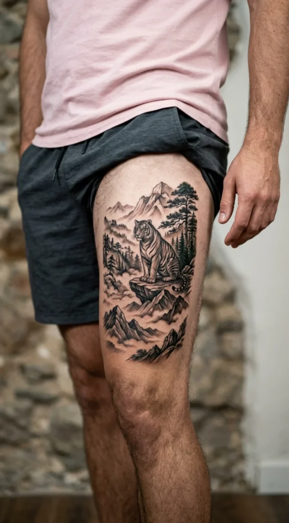 Tiger and Mountain Landscape Scene