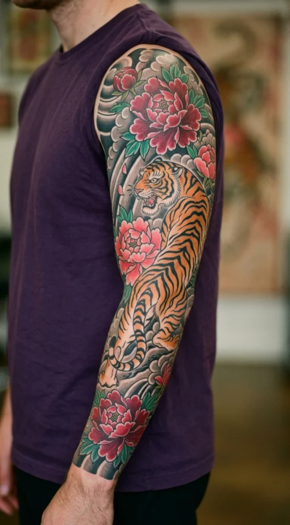 Tiger and Peony Full Sleeve Tattoo