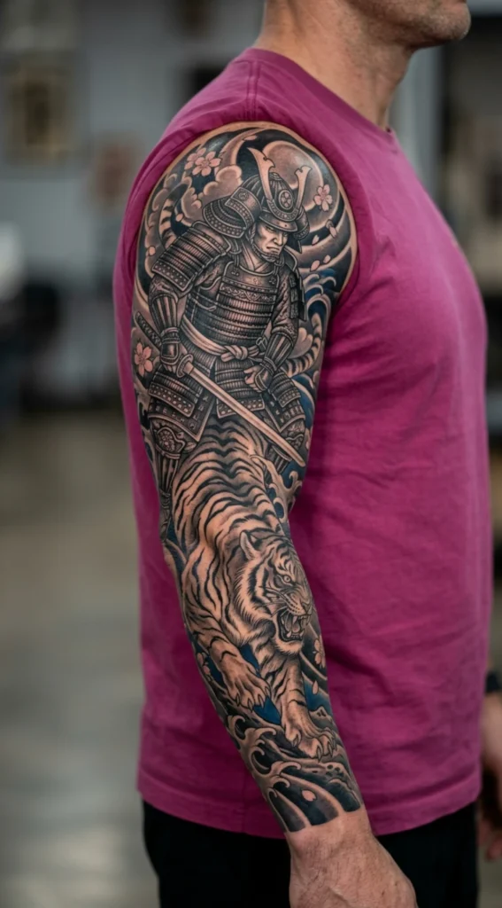 Tiger and Samurai Full Sleeve Tattoo