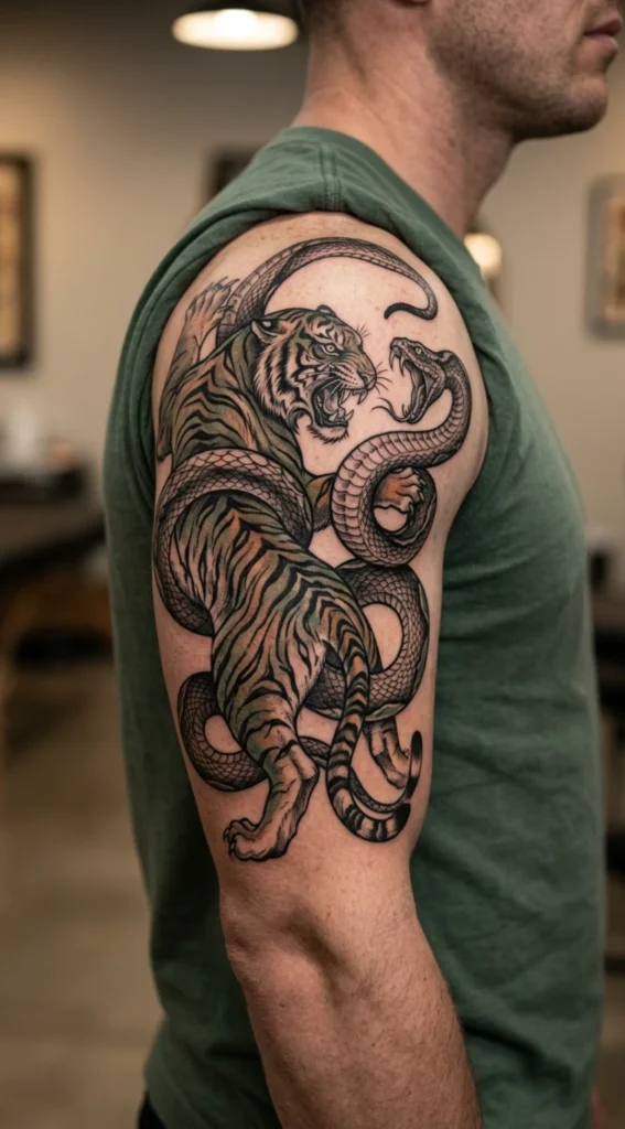 Tiger and Snake Battle Tattoo
