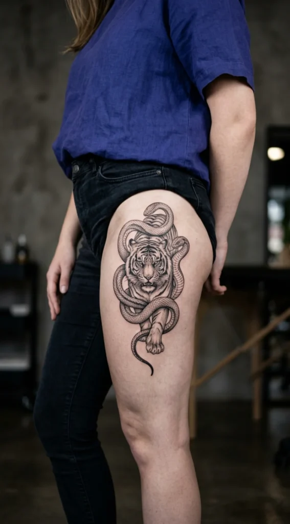 Tiger and Snake Feminine Duality Tattoo