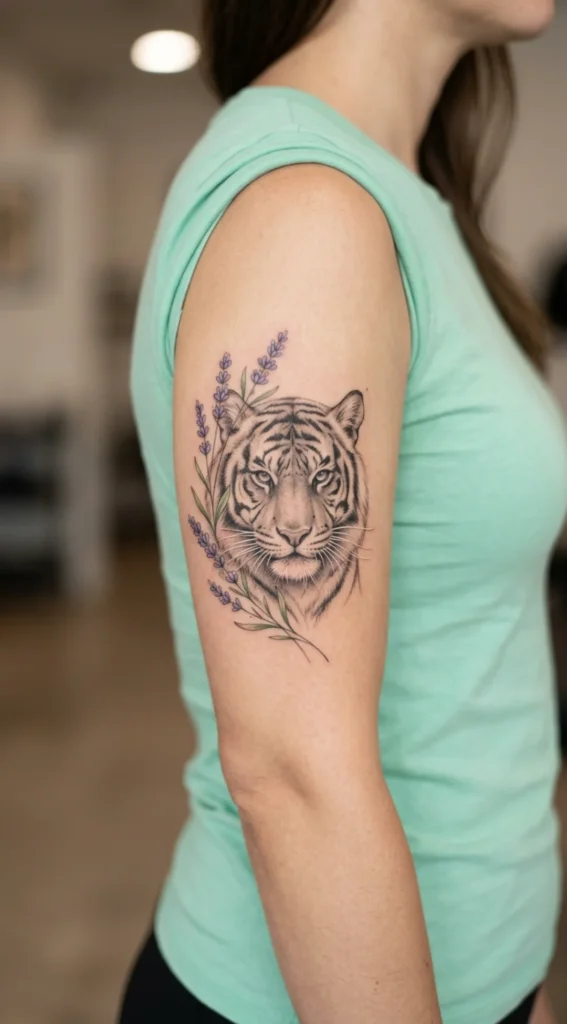 Tiger with Lavender Branch Details