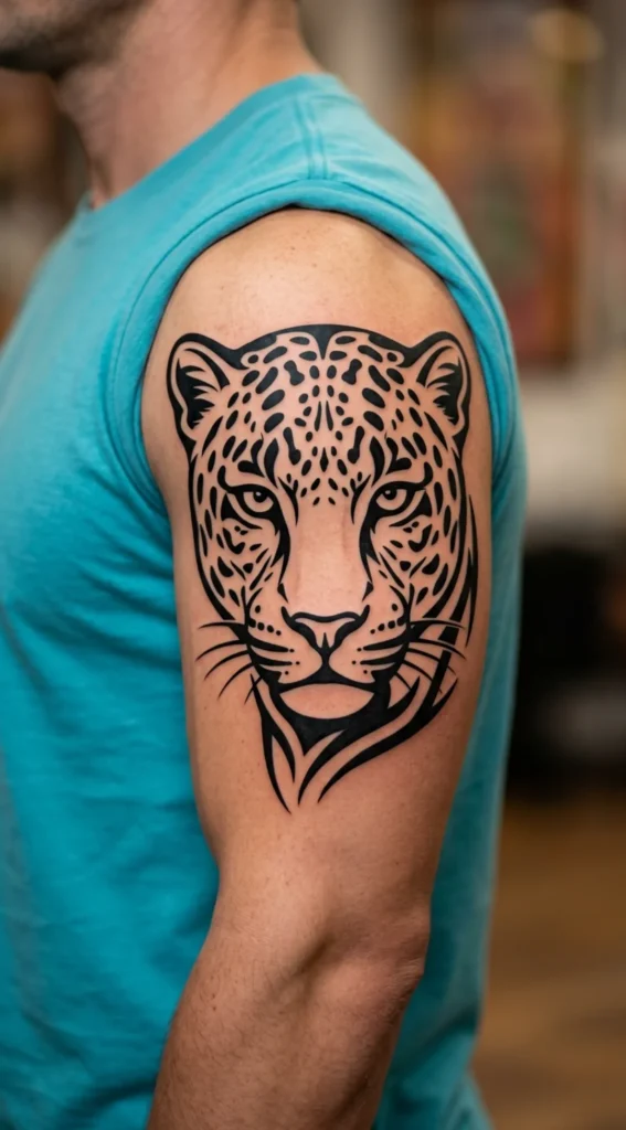 Tribal Leopard Face Tattoo with Modern Lines