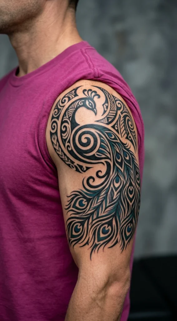 Tribal Style Peacock Shoulder Tattoo