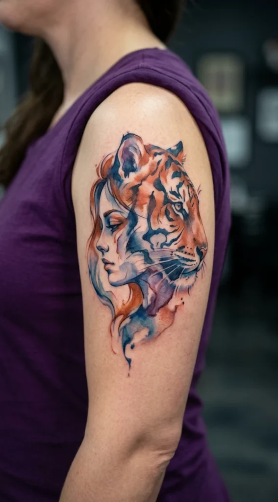 Watercolor Half Woman Half Tiger Flowing Blend Art