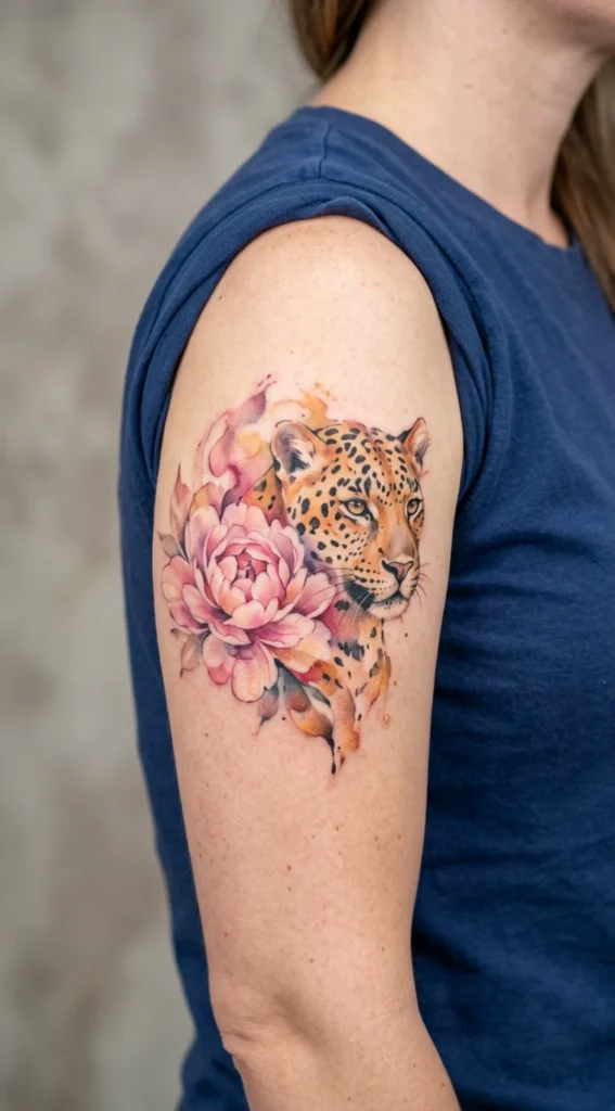 Watercolor Leopard and Peony Tattoo