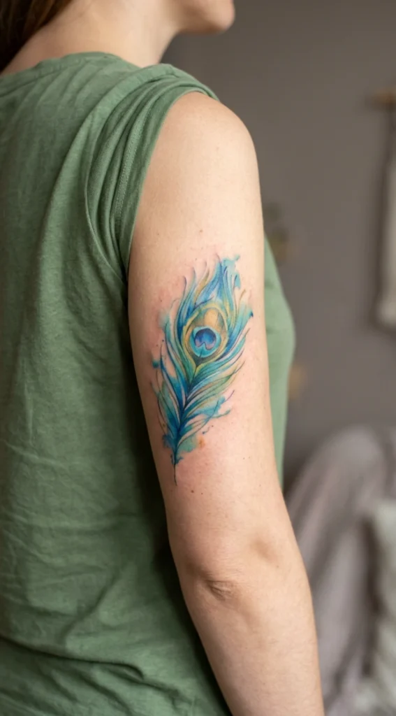 Watercolor Peacock Feather with Soft Color Effects