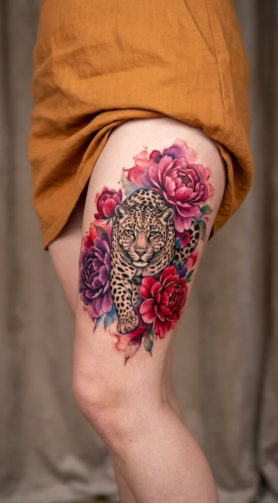 Watercolor Peony Leopard Tattoo