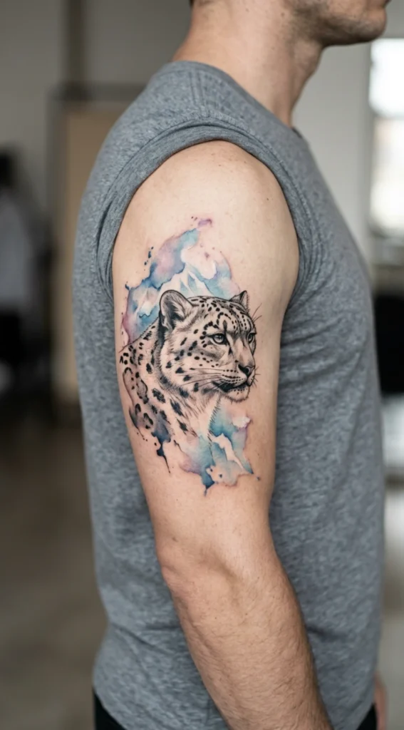Watercolor Snow Leopard Tattoo