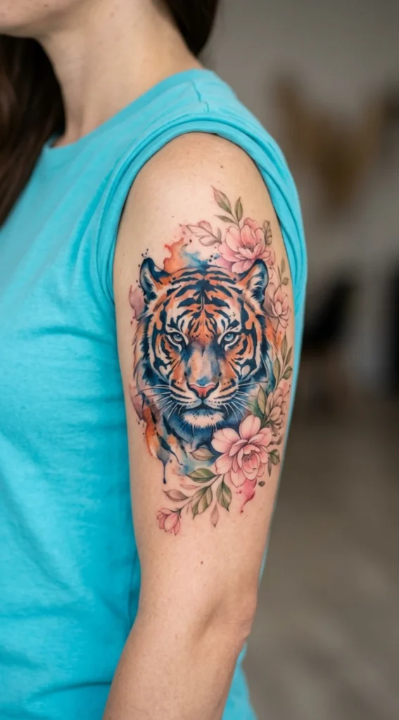 Watercolor Tiger with Soft Floral Wash