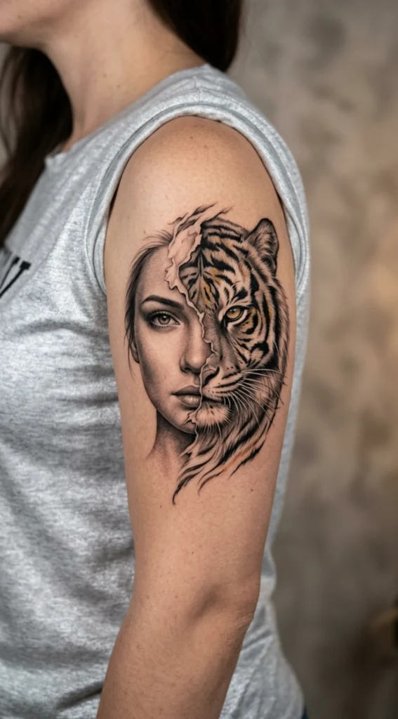 Woman Face Dissolving into Tiger Stripes and Fur Flow