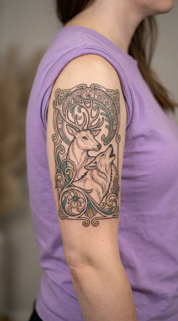  Art Nouveau Deer and Wolf Design