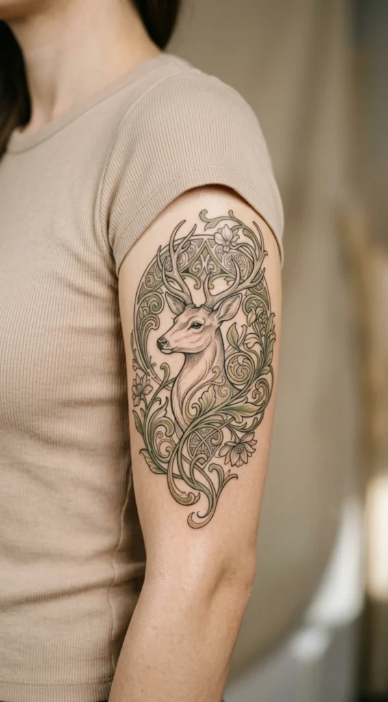 Art Nouveau Deer with Flowing Botanical Patterns