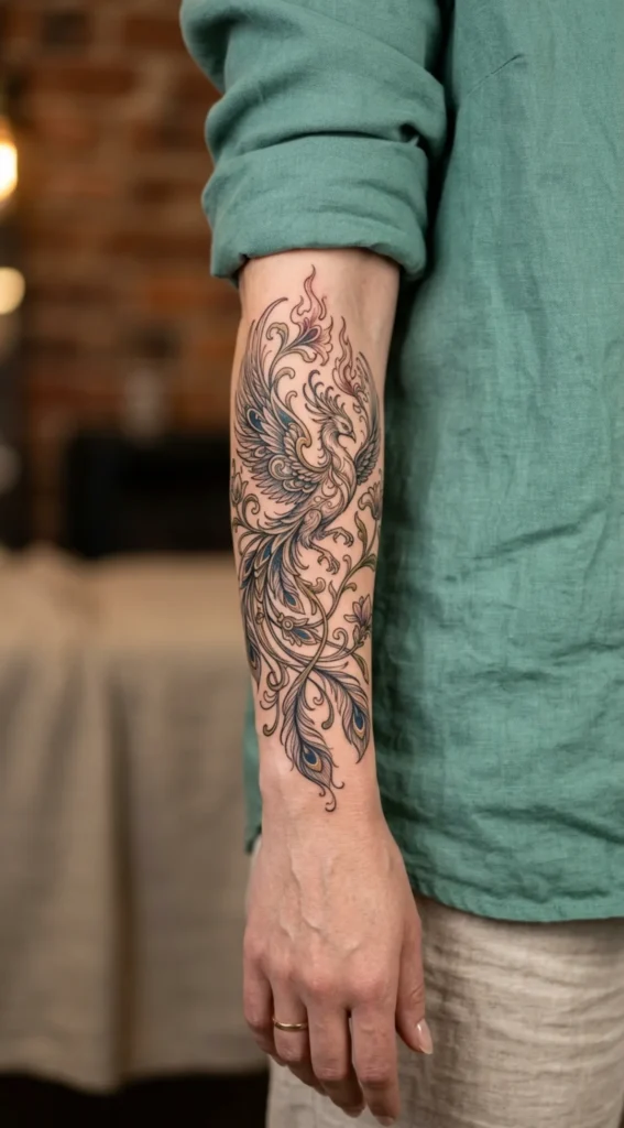 Art Nouveau Phoenix with Flowing Feathers