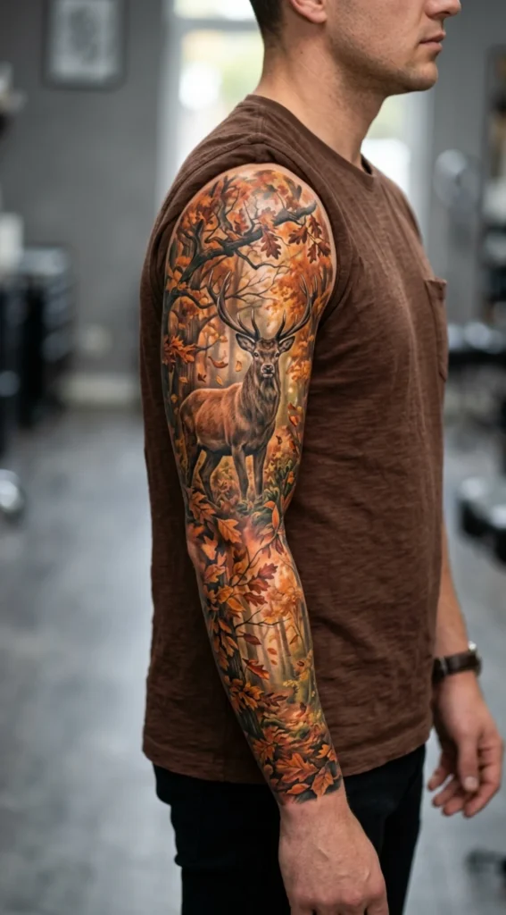 Autumn Forest Deer Full Sleeve Tattoo