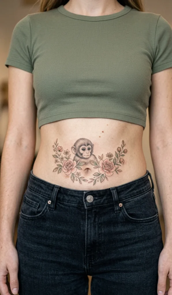 Baby Monkey Belly Flower Tattoo