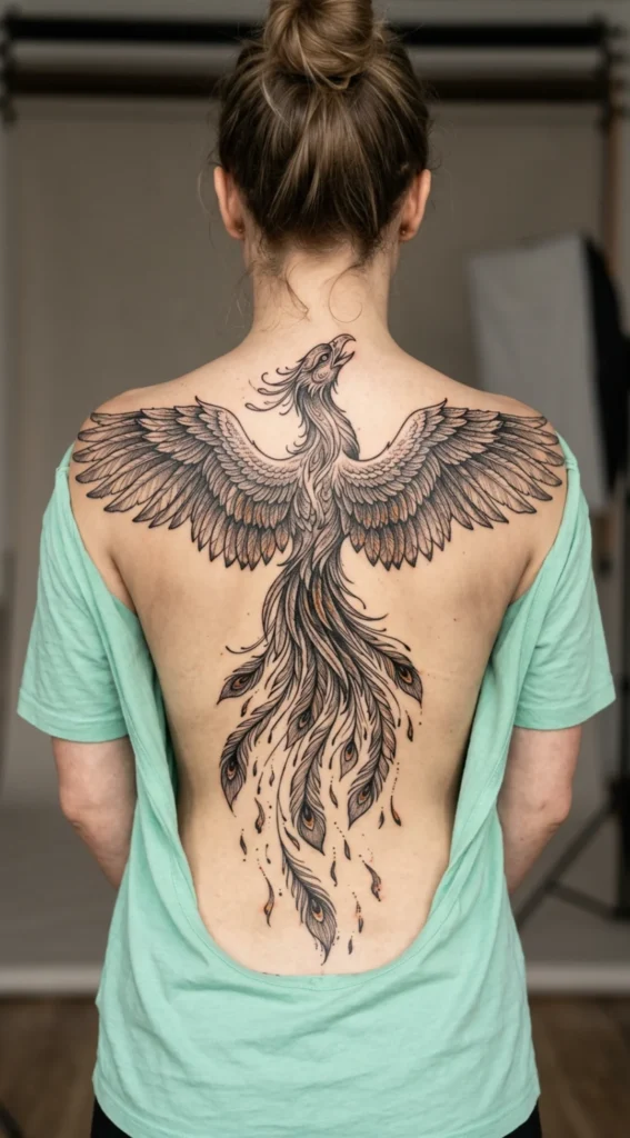 Back Piece Phoenix with Cascading Embers