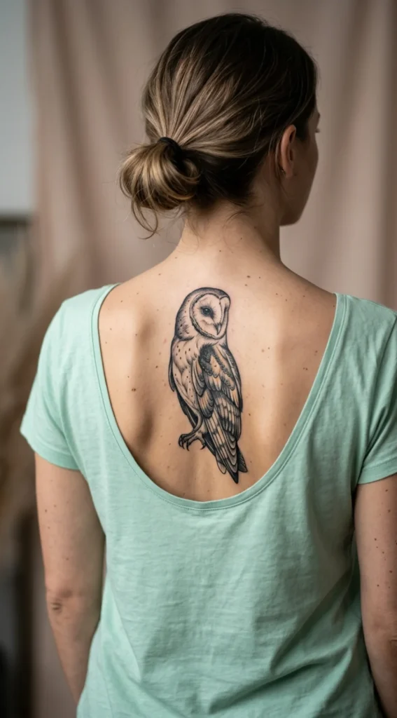Barn Owl Spine Tattoo