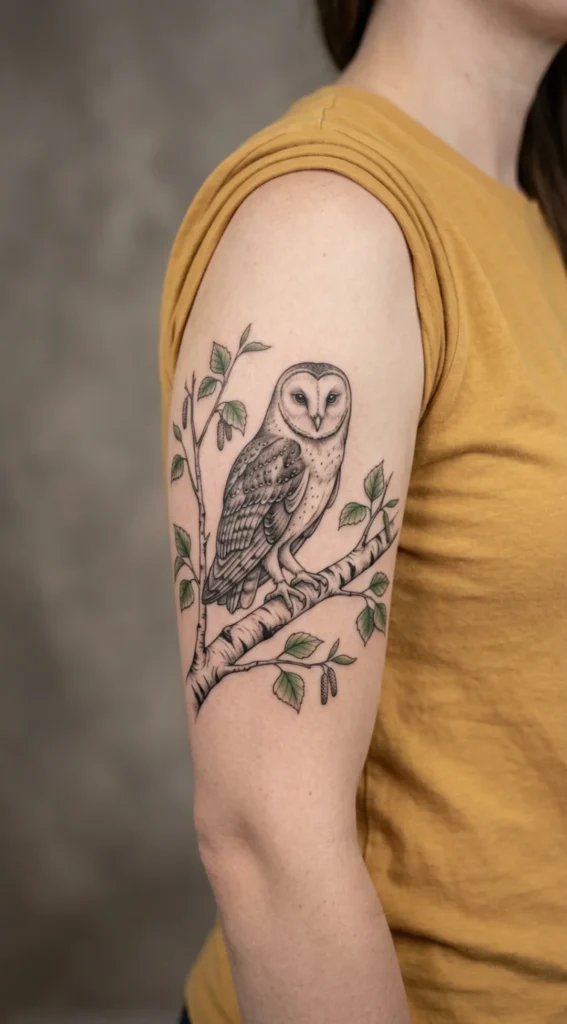 Barn Owl Tattoo on a Birch Branch