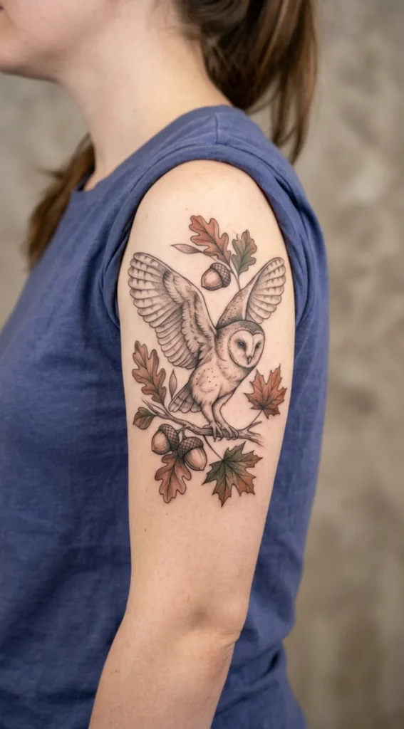Barn Owl Tattoo with Acorns and Leaves