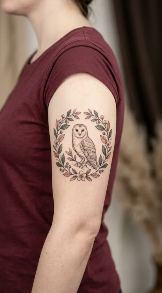 Barn Owl Tattoo with Botanical Wreath