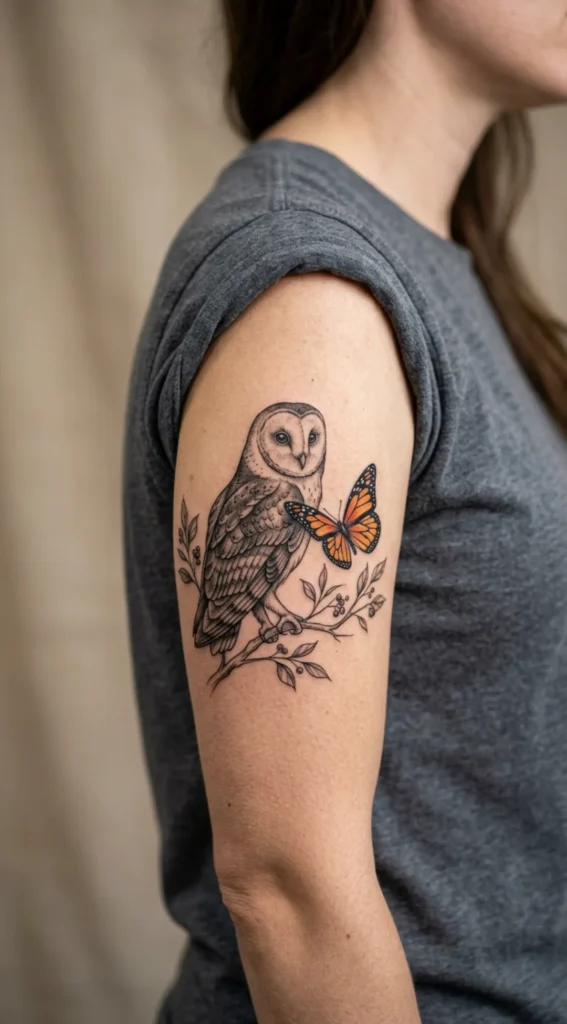 Barn Owl Tattoo with Butterfly