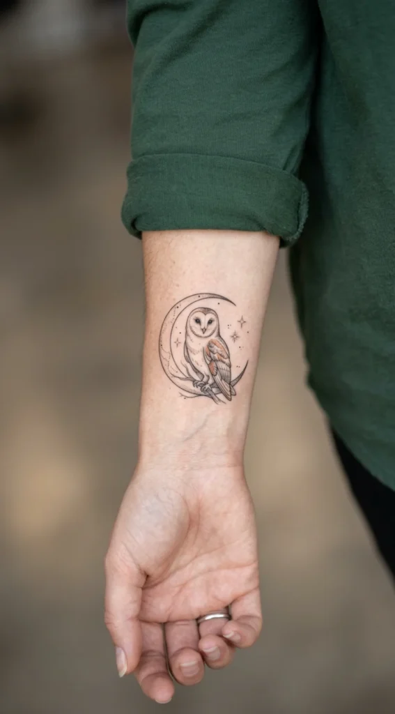 Barn Owl Tattoo with Crescent Moon