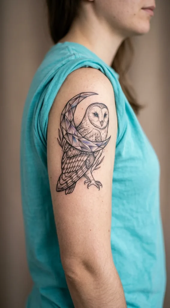 Barn Owl Tattoo with Crystal Moon